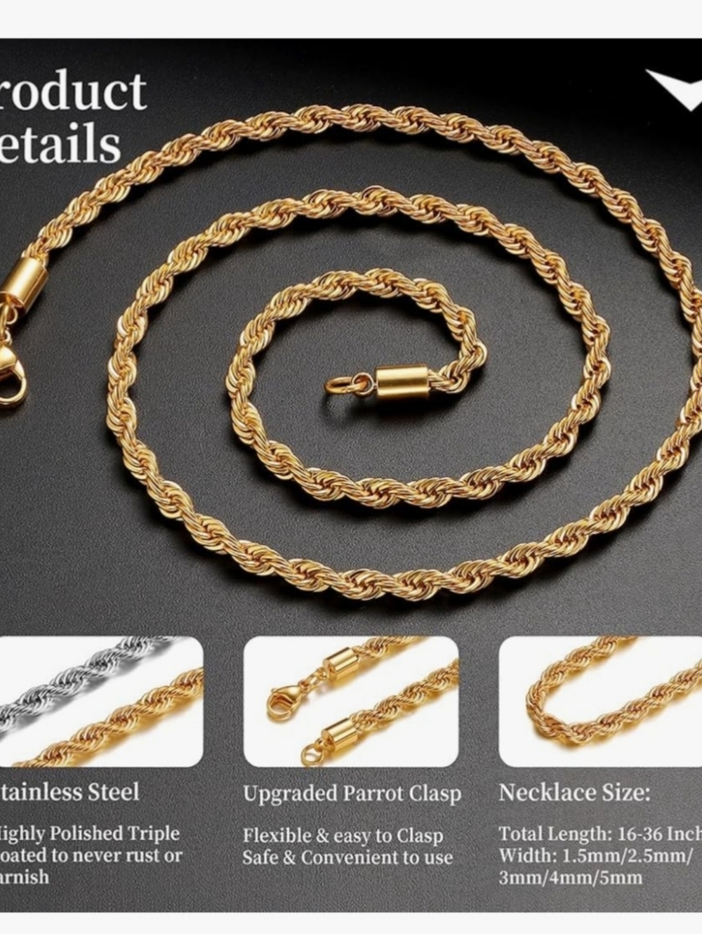 Gold Rope Chain Necklace - Picture 7 of 8